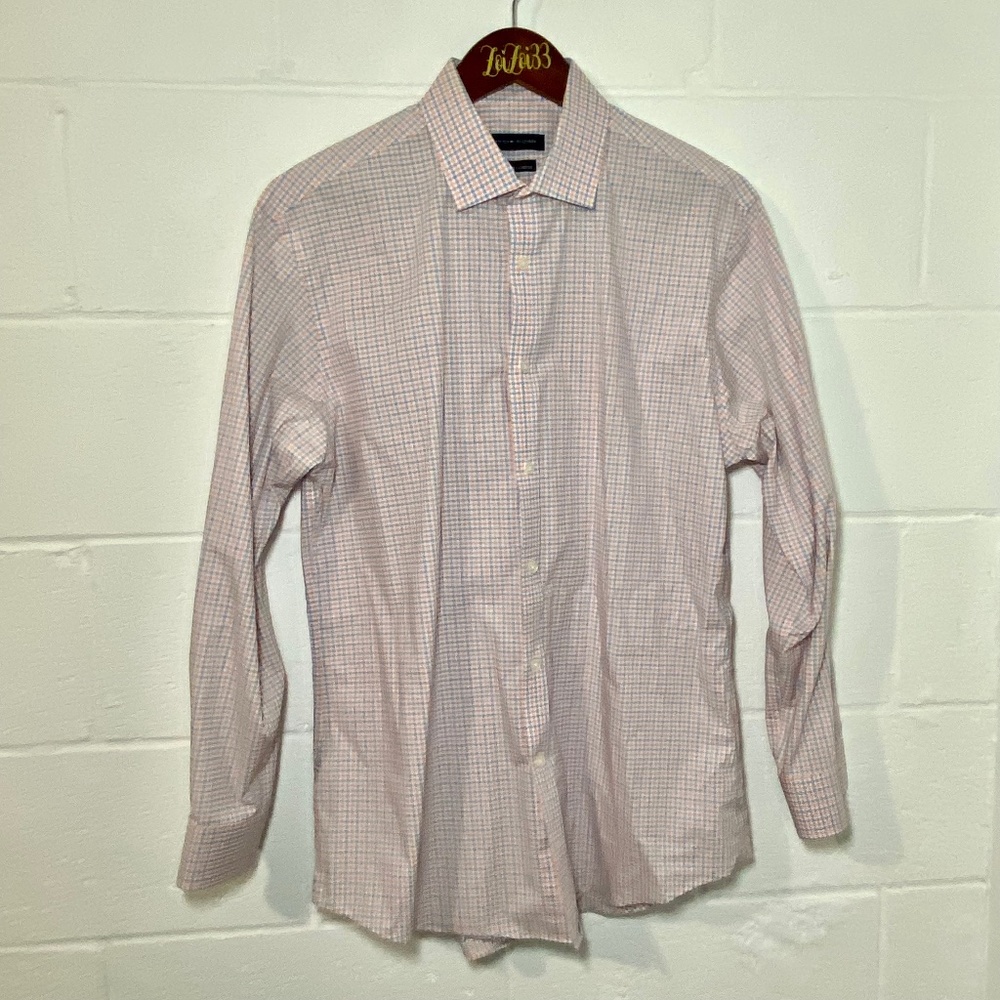 Tommy Hilfiger Men's Peach/Pink & Blue Checkered Long Sleeve Button Down Shirt